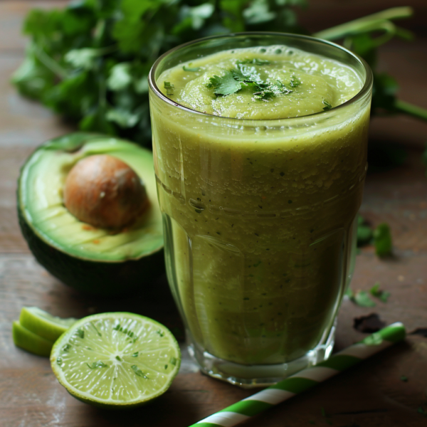 A frothy Zesty Lime & Melon Smoothie in a glass, bursting with goodness and garnished with fresh cilantro. This vibrant, creamy delight is accompanied by a halved avocado and zesty lime wedges, perfectly complemented by an eco-friendly green-striped straw on the side. Fresh cilantro peeks through in the background, highlighting Zestful Blends' commitment to freshness and health. Dive into this refreshing smoothie for a nutritious boost that tastes as amazing as it looks!