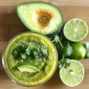 A top-down view of our refreshing Zesty Lime & Melon Smoothie, bursting with goodness and garnished with fresh cilantro and a slice of creamy avocado in an elegant glass. Surrounding the smoothie are halved limes and a perfectly ripe avocado, resting on a rustic wooden surface. This vibrant presentation showcases the health benefits and absolute freshness of our ingredients, all while emphasizing our commitment to eco-friendly practices at Zestful Blends. Dive into this invigorating experience that's as nutritious as it is beautiful!