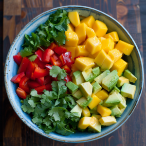 Feast your eyes on our vibrant Mango & Avocado Salsa, served in a striking blue bowl! This refreshing blend features neatly arranged sections of succulent diced mangoes, crisp chopped red bell peppers, creamy cubed avocados, and aromatic fresh cilantro leaves. Bursting with goodness and made with the freshest ingredients, this salsa is a perfect fusion of health and flavor. Enjoy it as part of our eco-friendly product line at Zestful Blends – where every bite fuels your zest for life!