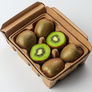 An Orange Package from Zestful Blends featuring five whole kiwis and one halved kiwi, all arranged in a fresh and vibrant grid. The halved kiwi reveals its luscious, bright green flesh and nutrient-packed black seeds—bursting with goodness! Our signature bright orange packaging isn't just eye-catching; it's eco-friendly too. Set against a sleek white backdrop, this image highlights the pure freshness and health benefits of our delicious offerings. Dive into vitality with our fruit salads, refreshing juices, wholesome snacks, energizing smoothies, whole fruit packs bursting with flavor, and indulgent but healthy desserts!