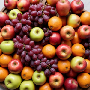 A vibrant array of fresh fruits, bursting with goodness, including crisp red apples, zesty green apples, luscious bunches of purple grapes, and sun-kissed ripe oranges. The fruits are artfully arranged to create an enticing display that's perfect for a Zestful Blends Monday Fresh Start. Enjoy the health benefits and refreshing flavors of our top-quality fruit salads, juices, snacks, smoothies, whole fruit packs, and desserts—all while embracing eco-friendly practices.