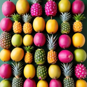 An enticing array of tropical treasures, bursting with goodness and arranged in vibrant rows is the star of our Tuesday Exotic Assortment. Delight in the fresh and healthful offerings of pineapples, mangoes, dragon fruits, and passion fruits, each meticulously displayed in a grid pattern against a lush green backdrop. Nature's finest colors and textures come to life in this showcase, embodying Zestful Blends' commitment to eco-friendly practices and nutritious indulgence. Whether you're savoring our fruit salads, juices, snacks, smoothies, whole fruit packs or delectable desserts – every bite promises a taste of freshness and vitality!