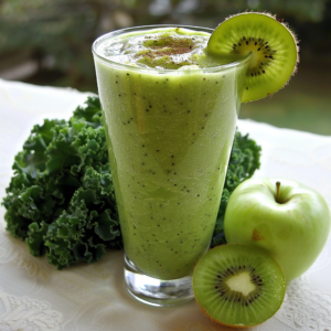 A tall glass of our Apple Kiwi Kaleidoscope Smoothie, bursting with goodness! Garnished with a fresh slice of kiwi, this creamy delight showcases visible kiwi seeds. Surrounded by lush kale leaves, a crisp green apple, and vibrant kiwi slices, it embodies the epitome of freshness and health benefits. Relish in the eco-friendly choice that energizes your day while celebrating nature’s best. The softly blurred background emphasizes the smoothie’s vibrant green hue—a harmonious blend from Zestful Blends that prioritizes both your wellbeing and our planet.