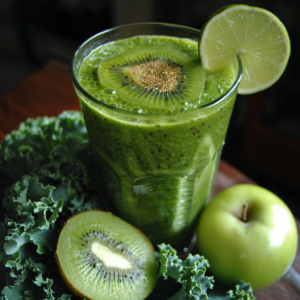 Revel in a tall glass of Apple Kiwi Kaleidoscope, a kaleidoscope of vibrant health bursting with goodness! This energizing smoothie is beautifully garnished with zesty lime and succulent kiwi slices on the rim. Encircled by fresh, nutrient-packed kale leaves, a crisp green apple, and lush halved kiwi on an elegant wooden surface. Zestful Blends ensures every sip is as fresh as it gets while championing eco-friendly ingredients and packaging. Elevate your wellness journey with our refreshing blend that promises both vitality and sustainability!