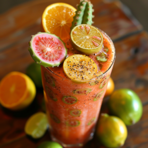 A tall glass brimming with our refreshing Cactus Fig Fizz, bursting with goodness and garnished with vibrant citrus slices of orange and lime, along with a touch of fresh cactus. This fizzy delight, speckled with nutrient-rich seeds, is surrounded by an inviting array of fresh citrus fruits on a rustic wooden surface. Enjoy the health benefits and zesty freshness that Zestful Blends is renowned for—packed in eco-friendly materials to nourish you and the planet!