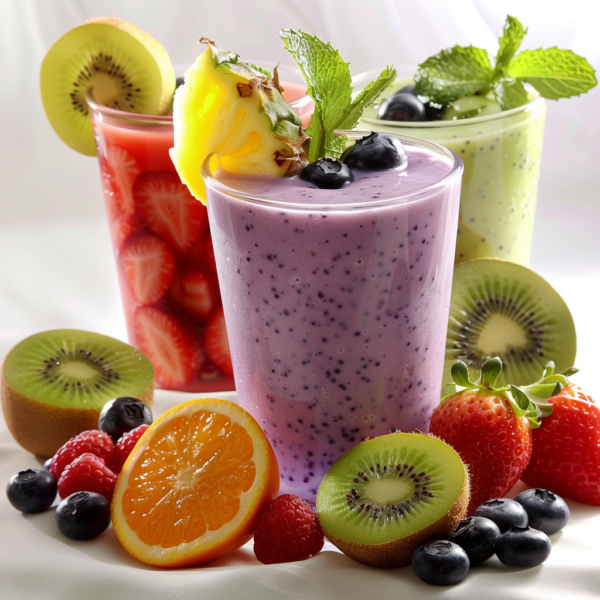 Three vibrant Citrus Berry Splash smoothies, each bursting with goodness and adorned with an array of fresh fruits. The front smoothie boasts a luscious purple hue with blueberries and mint, the left tantalizes the senses in a rosy pink with strawberries, and the right invigorates in a refreshing green with kiwi. The glasses are surrounded by a rainbow of fresh citrus slices, berries, and kiwi, creating an eye-catching splash of color. Experience unparalleled freshness and health benefits with every delicious sip from Zestful Blends! Plus, our eco-friendly packaging ensures you’re doing good for both yourself and the planet. Indulge in nature’s finest offerings today!