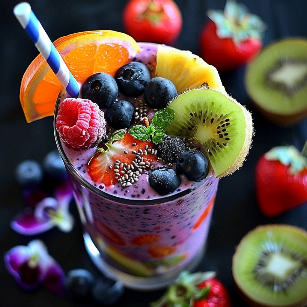 Bursting with goodness, our Citrus Berry Splash radiates vibrant health and freshness! This revitalizing drink is packed to the brim with chia seeds, blueberries, raspberries, and mint leaves for a refreshing punch of flavor. Garnished elegantly with slices of citrus, kiwi, orange, and strawberries, each sip delivers a nutrient-rich experience. The eco-friendly striped straw adds a playful touch while fresh berries surround this delightful glass on a sleek surface. Indulge in the zestful blend that promises not just taste but wellness in every gulp!