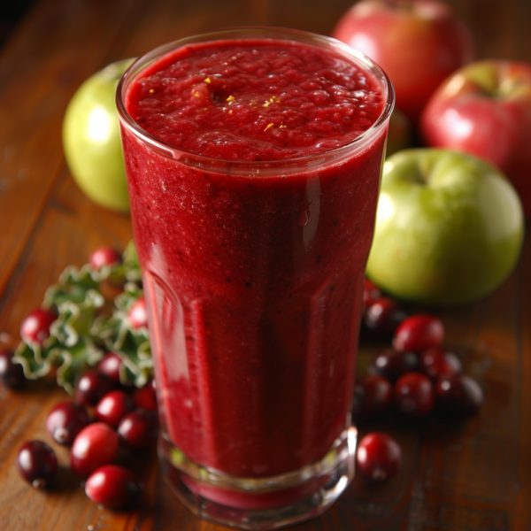 Immerse yourself in vitality with our Cran-Apple Twister, a tall glass of vibrant red bursting with goodness! Nestled amongst fresh apples and cranberries on a rustic wooden table, this delightfully thick and rich smoothie promises an irresistible blend of nature's finest. Packed with wholesome apples and tangy cranberries, it's your go-to for a refreshing boost of energy. At Zestful Blends, we prioritize eco-friendly sourcing to bring you health benefits straight from the orchard to your glass. Elevate your day with the pure freshness and nutrient-rich joy of our Cran-Apple Twister!