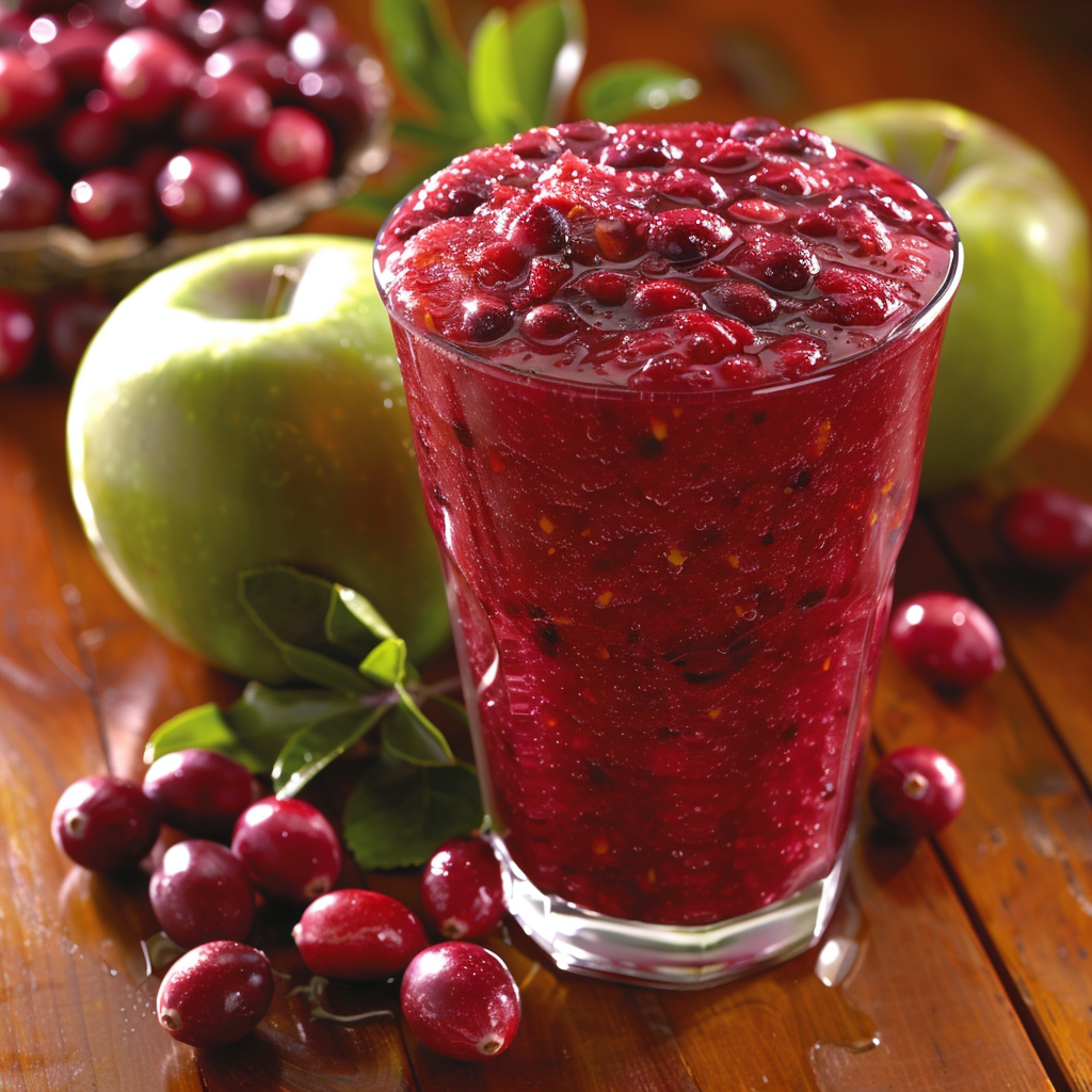 A tall glass brimming with our vibrant red Cran-Apple Twister smoothie, garnished with plump whole cranberries on top, radiating freshness and bursting with goodness. Nestled on a rustic wooden table, this delightful creation is surrounded by freshly picked cranberries and crisp green apples, adding a refreshing pop of color. Perfectly crafted to nourish your body and soul, every sip of this smoothie embodies the health benefits of our eco-friendly ingredients at Zestful Blends.