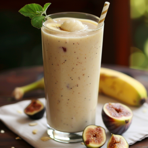 Indulge in Zestful Blends' Fig and Honey Harvest Smoothie, a tall, creamy delight bursting with goodness! Garnished with lychee, mint leaves, and a drizzle of honey, every sip is a refreshing treat for your taste buds. Enhanced with a playful striped straw and surrounded by an array of fresh figs and ripe bananas on a rustic wooden surface, this smoothie embodies the essence of a bountiful harvest. Packed with nutrients and eco-friendly ingredients, our products promise delicious moments that are as kind to you as they are to the planet.