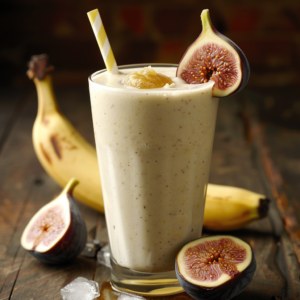 Indulge in Zestful Blends' creamy Fig and Honey Harvest smoothie, bursting with goodness in every sip. Served in a tall glass adorned with a vibrant yellow-striped straw, this invigorating blend is topped with a luscious halved fig and a dollop of honey-infused fig puree. Surrounded by fresh bananas and figs that capture the essence of an autumn harvest, all beautifully arranged on a rustic wooden surface, our smoothie not only delights your taste buds but also offers unparalleled health benefits. Enjoy the freshness of whole fruits while nurturing your body—every ingredient speaks to our commitment to sustainability and wellness.