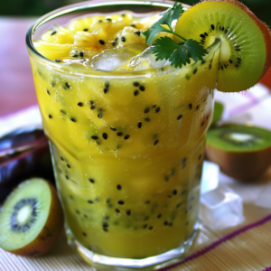 Experience the vibrant burst of goodness with Zestful Blends' Tropical Fruit Drink, adorned with a fresh kiwi slice and a sprig of cilantro. This refreshing concoction, served in a clear glass brimming with our Kiwi Pineapple Passion mix and ice cubes, is speckled with delightful black seeds from passion fruit. Each sip not only nourishes your body but also delights your senses, embodying the peak of health benefits and unparalleled freshness. Plus, every aspect aligns with our eco-friendly commitment to bring nature’s finest right to your glass!