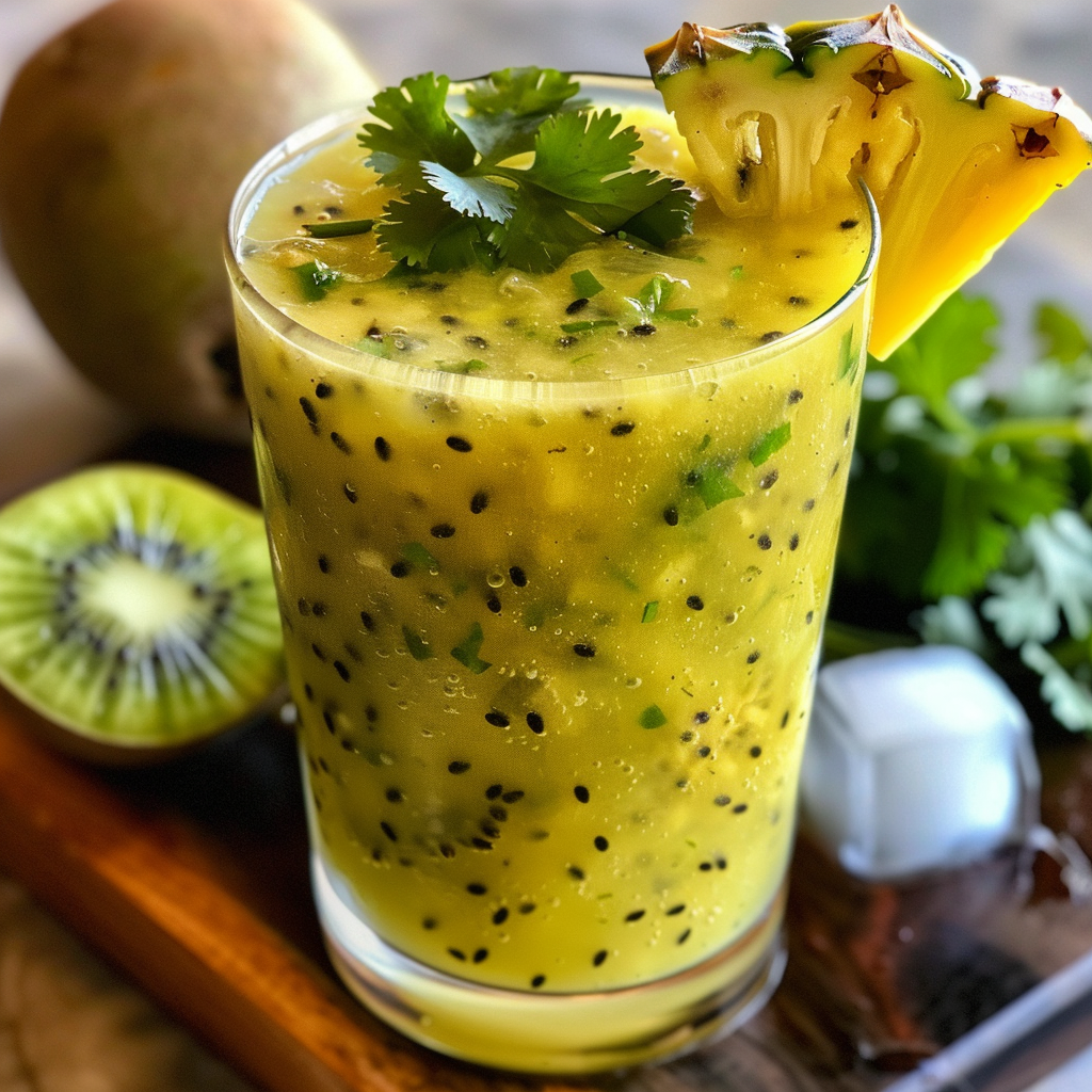 A vibrant tropical smoothie bursting with goodness in a clear glass, garnished with a juicy pineapple wedge and a sprig of fresh cilantro. Introducing our Kiwi Pineapple Passion—an exhilarating blend infused with zesty passionfruit. Its radiant yellow hue speckled with black seeds promises an invigorating taste adventure. Surrounding the glass, discover the wholesome ingredients: succulent kiwi, luscious pineapple chunks, and fragrant cilantro leaves. Zestful Blends delivers unparalleled freshness, nutrition-rich delights crafted to elevate your well-being while embracing eco-friendly practices. Savor the essence of vitality!