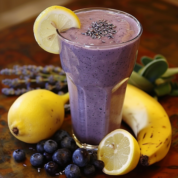 A tall glass brimming with Lemon Blueberry Twist, garnished with a zesty lemon twist and a sprinkle of aromatic lavender seeds. Encircled by plump blueberries, ripe bananas, vibrant lemons, and sprigs of fresh lavender on a rustic wooden surface. Bursting with goodness and crafted from nature’s finest ingredients, our refreshing blend delivers a symphony of flavors and essential nutrients. Experience the epitome of freshness while supporting an eco-friendly choice with each indulgent sip.​