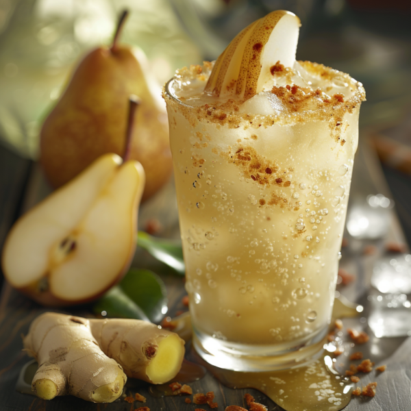 Indulge in the Pear Ginger Sparkle, an energizing cocktail served in a stylish glass with a caramelized sugar rim—pure sophistication! This vibrant drink, packed with fresh pear slices and zesty ginger bits, dances with effervescent bubbles. Surrounded by juicy pear halves, spicy ginger slices, and shimmering ice cubes on a rustic wooden table, this refreshing delight is bursting with goodness. Elevate your moment with every sip of nature's finest flavors—crafted for your health and vitality. Plus, all ingredients are sustainably sourced to bring you eco-friendly excellence.