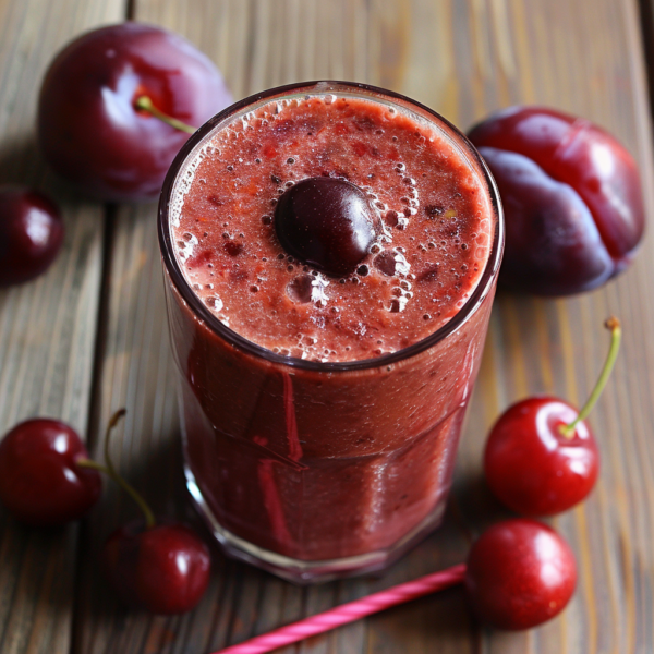 A glass of Plum and Cherry Charm sits proudly on a wooden surface, topped with a charming cherry and surrounded by an array of fresh cherries and plums. This smoothie is bursting with goodness, featuring vibrant red and purple hues that promise a thick, textured experience. A pink straw adds a playful touch beside the glass. Dive into this refreshing blend from Zestful Blends – where freshness meets flavor in every health-boosting sip! And our eco-friendly packaging ensures you're doing good for the planet while treating yourself to nature's best.