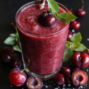 A tall glass of Plum and Cherry Charm, bursting with goodness, is garnished with a whole cherry and fresh mint leaves. This vibrant smoothie boasts a rich, luscious color and is surrounded by an array of fresh cherries—whole and halved. Set against a sleek black background, it’s not just refreshing but also packed with health benefits. At Zestful Blends, we ensure our products deliver peak freshness in every sip while embracing sustainable practices for a healthier planet. Indulge in the pure vitality of nature!