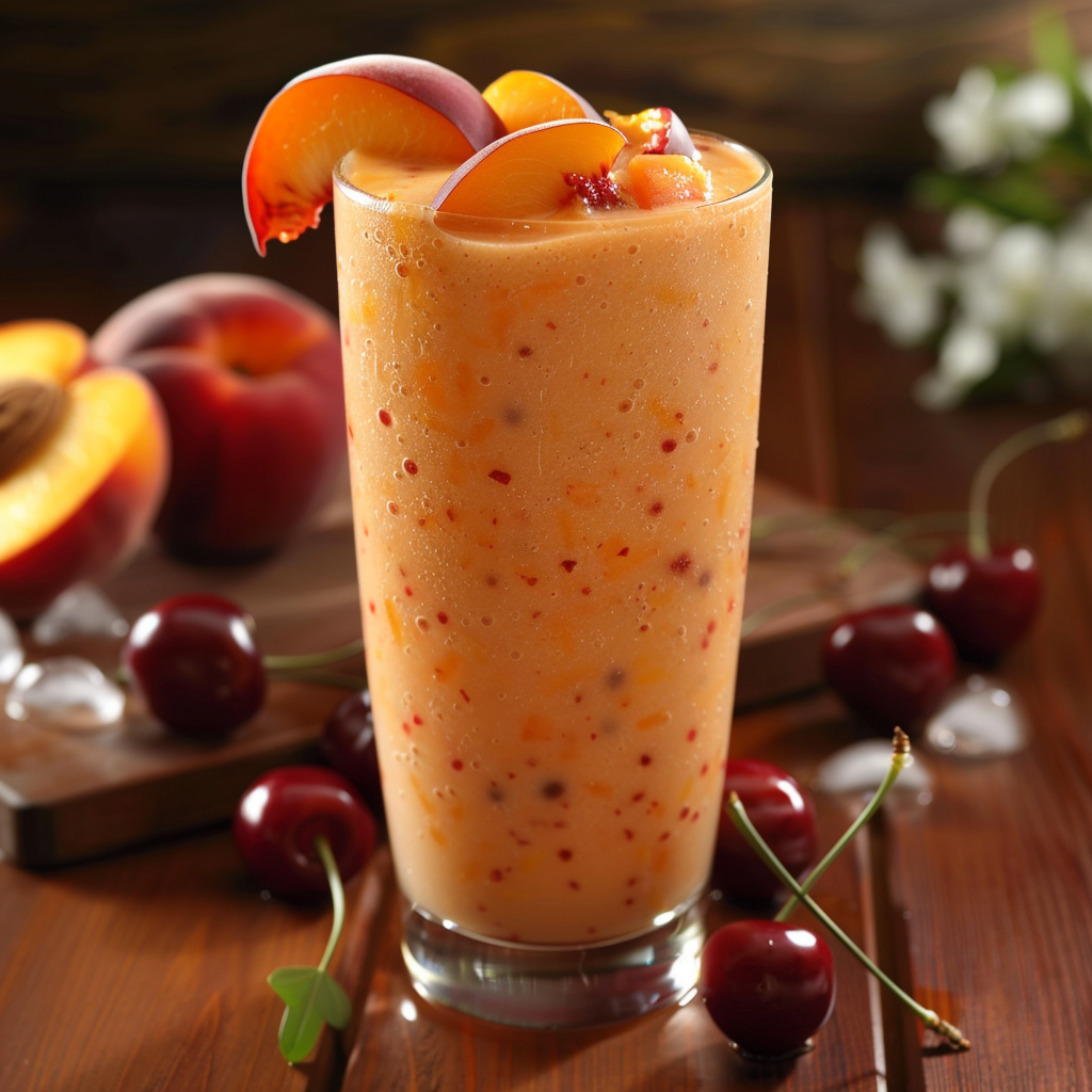 A tall glass brimming with Sunset Fruit Fusion, crowned with luscious peach slices and nestled among whole cherries and ripe peaches on a rustic wooden table. This vibrant concoction, bursting with goodness, showcases our commitment to health and freshness in every sip. Experience the symphony of colors and flavors reminiscent of a stunning sunset, while savoring the eco-friendly nature of our wholesome ingredients. Perfect for invigorating your day with Zestful Blends’ signature vitality!