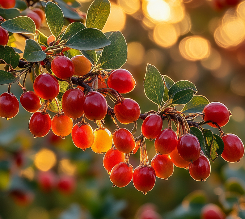 Ripe goji berries hanging on a branch, emphasizing their health benefits