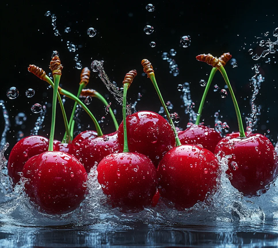 fresh red cherries highlighting their vibrant colour and juicy texture as a good healthy fruit.