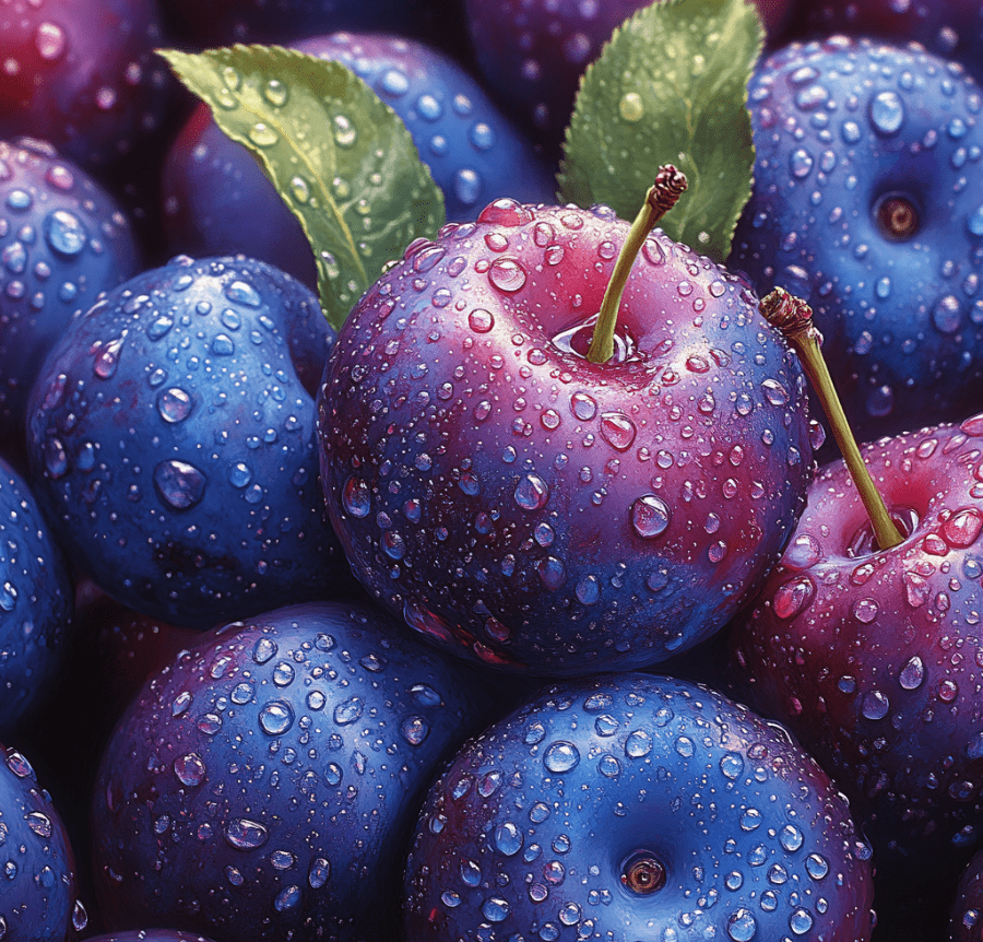 Close-up of fresh, vibrant plums with water droplets, showcasing the benefits of eating plums, rich in vitamins, for immune and digestive health