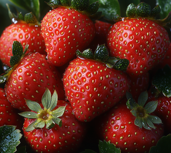 Close-up of fresh strawberries, highlighting a healthy fruit to eat that is fibre-rich and packed with antioxidants perfect for snack.